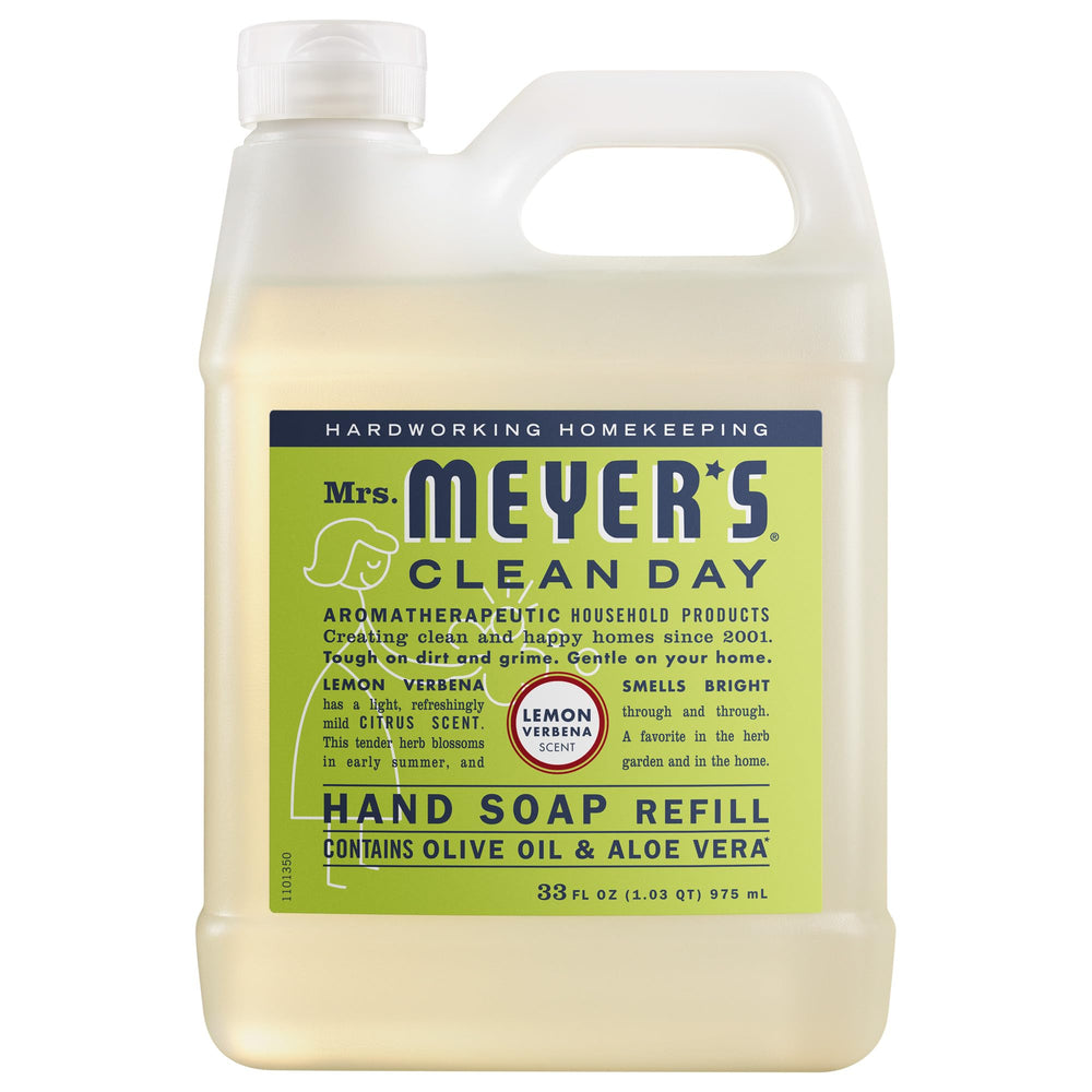 Mrs. Meyer's lemon verbena refill bottle front with clear product branding and benefits
