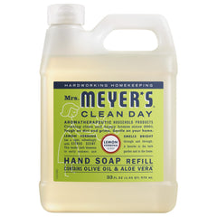 Mrs. Meyer's lemon verbena refill bottle front with clear product branding and benefits