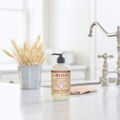 Mrs. Meyer's oat blossom label highlights premium branding and inviting kitchen ambiance.