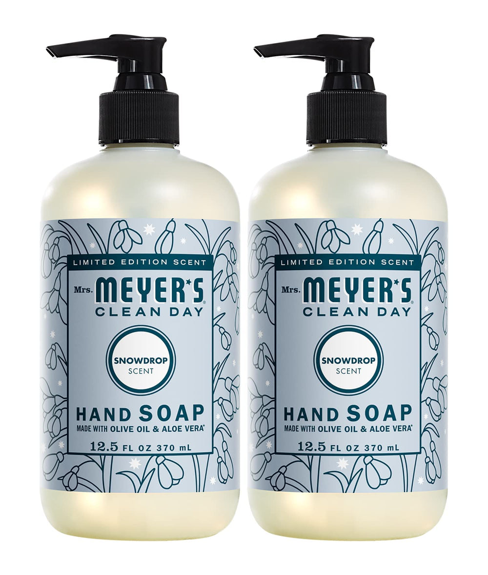 Mrs. Meyer's Snow Drop liquid hand soap bottle front, seasonal freshness for kitchen and bath.