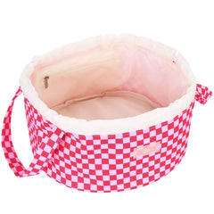 Mrsfox large barrel drawstring makeup bag front flap shows secure Velcro closure for organized travel cosmetics.