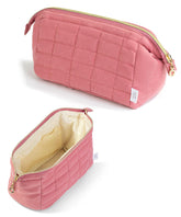 Ms. Pen aesthetic quilted makeup bag front view in muted rose for on-the-go beauty organization.