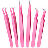 Pinzas rectas Mudder para pestañas, tono rosado, uso preciso en aplicación.