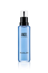Mugler Angel refill bottle closeup highlighting sustainable luxury and reusability.