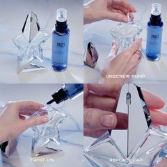 Mugler Angel bottle with star logo closeup highlighting iconic branding for daily confidence.