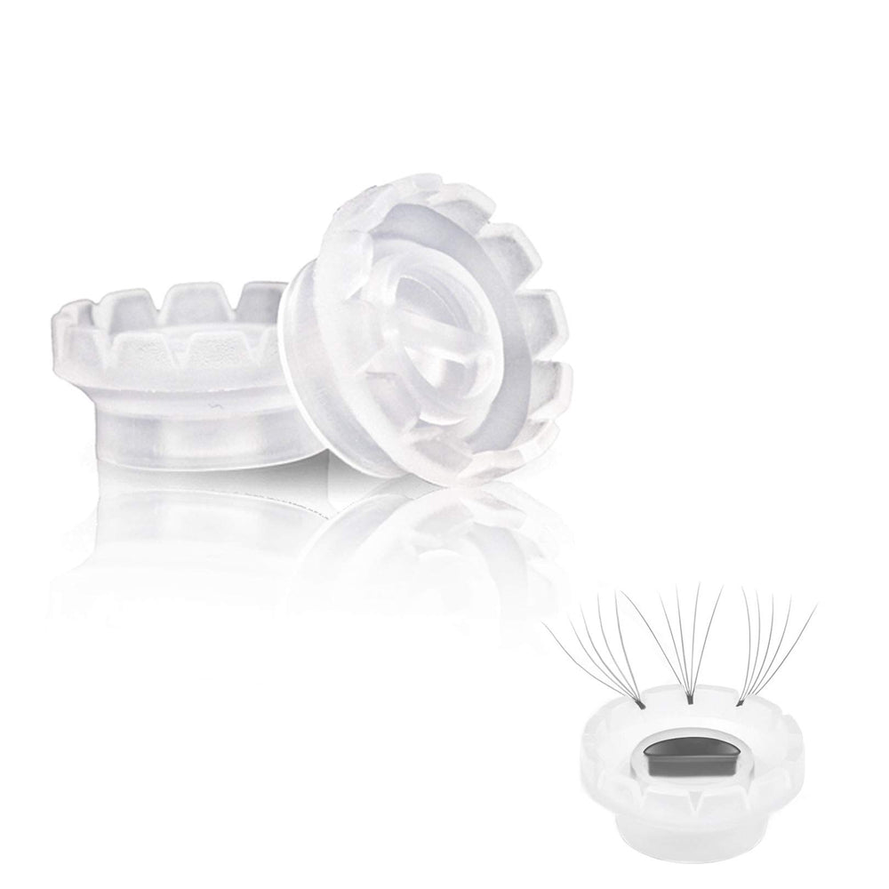 Mulutoo fan cups glue holder closeup showing precise v-shaped bases for fast lash mapping.