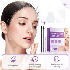 MUOCOBU tape on the jawline illustrates secure lift for a defined profile.