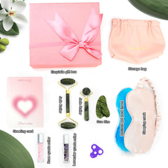 MUOUAKATE Gua Sha tool enhances facial contouring with cooling relief.