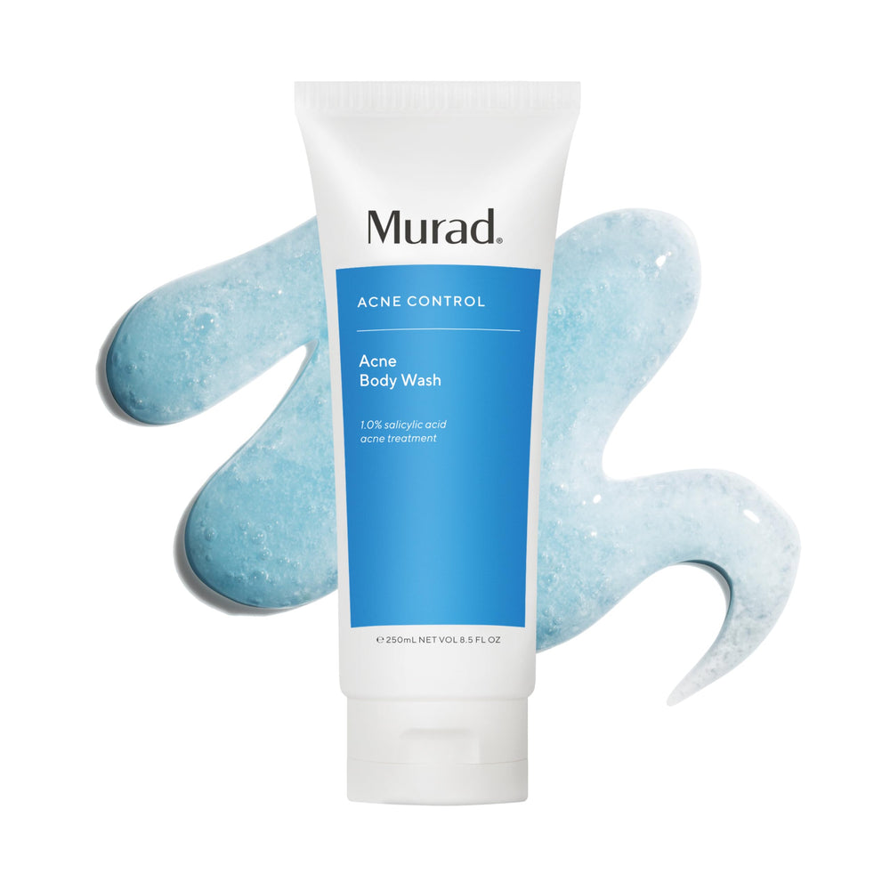 Murad Acne Body Wash pump-application creates rich lather for treating back and shoulders.