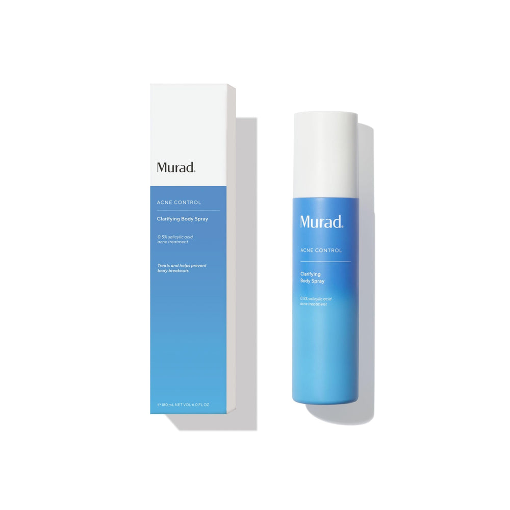 Murad Clarifying Body Spray bottle demonstrates fast-absorbing acne treatment for smooth skin.