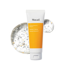 Murad Essential-C facial cleanser bottle on counter offers quick morning refresh.