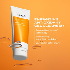 Murad Essential-C cleanser vitamin C droplets close-up suggests antioxidant protection.