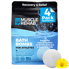 Muscle Rehab arnica bath bomb close-up highlighting soothing relief after training.