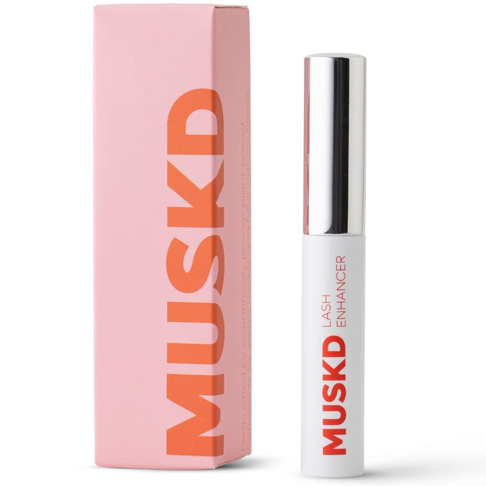 MUSKD Eyelash Growth Serum bottle close-up showing nourishing formula for fuller lashes.
