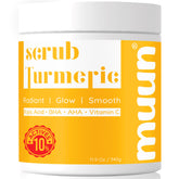 Muun Turmeric Scrub bottle — brightening potential for smoother, radiant skin.