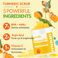 Muun Turmeric Scrub jar closeup — creamy texture for gentle body exfoliation.