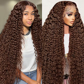 MXTQO 30-inch chocolate brown deep wave lace front wig showing length and fullness for a dramatic look