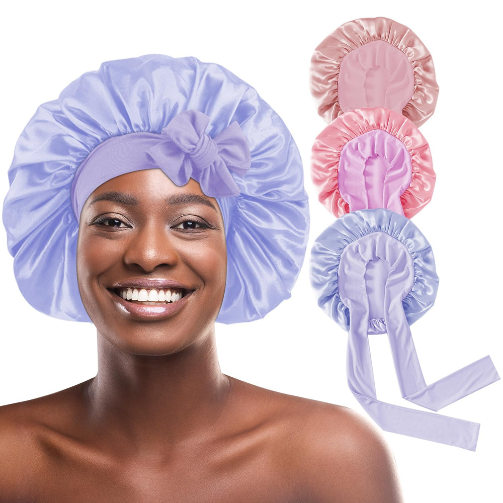 My Novel Things satin bonnet pink-purple set closeup for secure sleep and frizz protection.