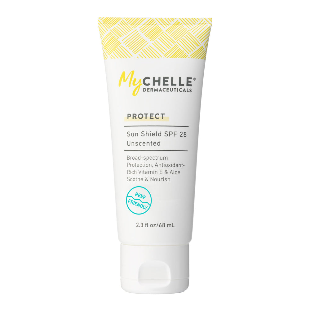MyChelle Sun Shield SPF 28 unscented bottle showcases reef-safe, broad-spectrum protection.