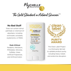 MyCHELLE Sun Shield Stick SPF 50 tinted waterproof action emphasizes sweat resistance outdoors