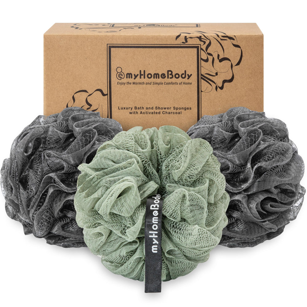 myHomeBody loofah graphite gray handheld shows comfortable size for gentle exfoliation