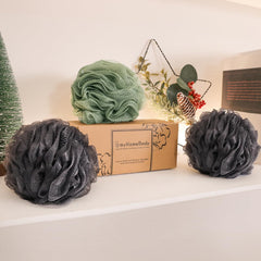 myHomeBody graphite gray loofah producing rich lather and smooth foam