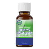 MYOC hydrolyzed keratin liquid bottle closeup, supports hair strength and resilience.