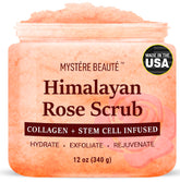 MYSTÉRE BEAUTÉ Himalayan salt scrub jar closeup for gentle exfoliation and smoother skin.