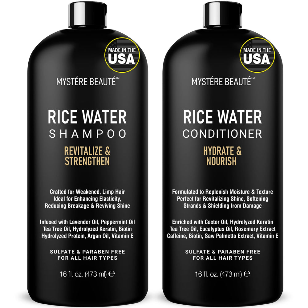 MYSTÉRE BEAUTÉ Rice Water Shampoo bottle—gentle cleansing that supports smoother, shinier hair with every wash.