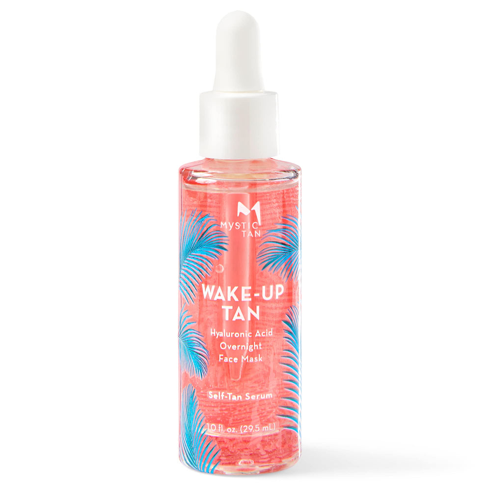 Mystic Tan Wake Up Tan serum bottle ready for nighttime application for a natural morning glow.