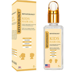 Mystique Abundance Revatology bottle closeup shows a gentle kid-friendly hair oil.