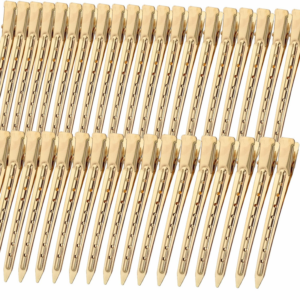 Mythos 40pcs golden duck-billed clips in packaging showing durable metal design
