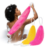 Mytium African Net Sponge back scrubber shows full back reach for exfoliation.