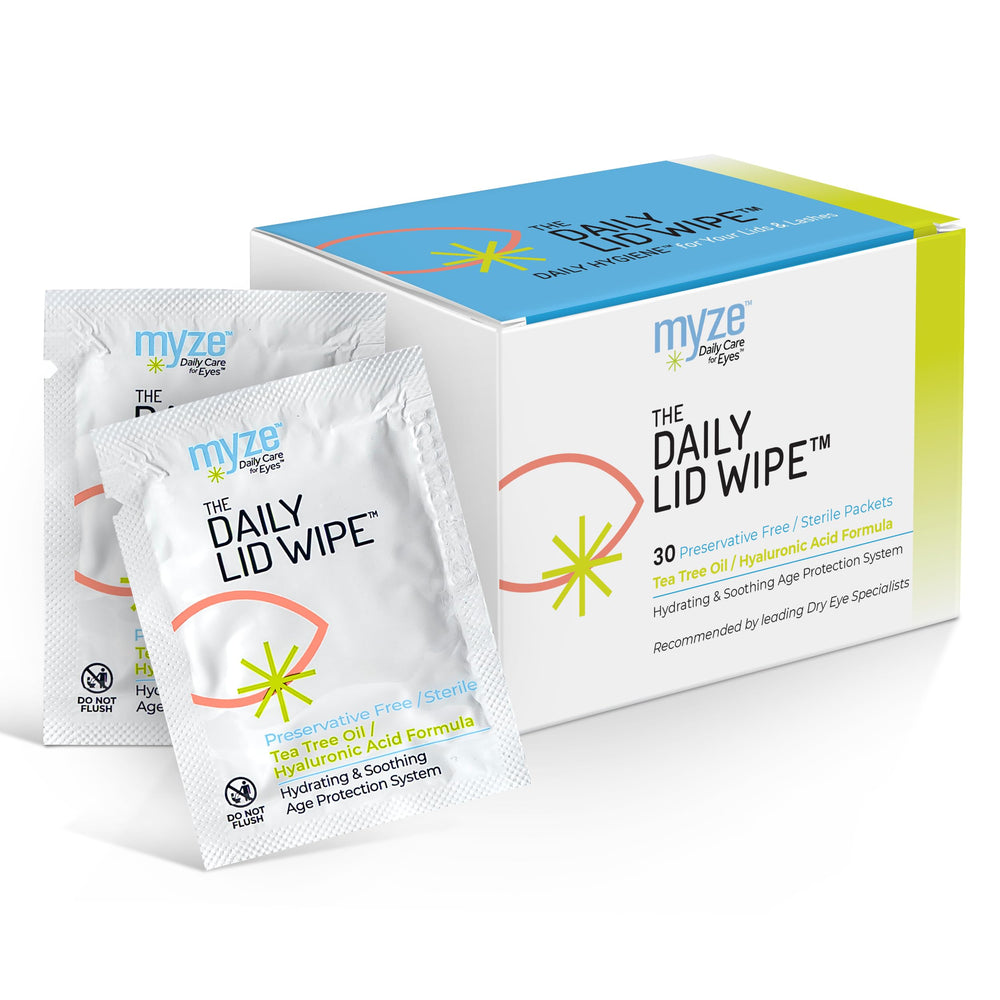 Myze The Daily Lid Wipe packaging demonstrates easy daily eyelid care for busy mornings.