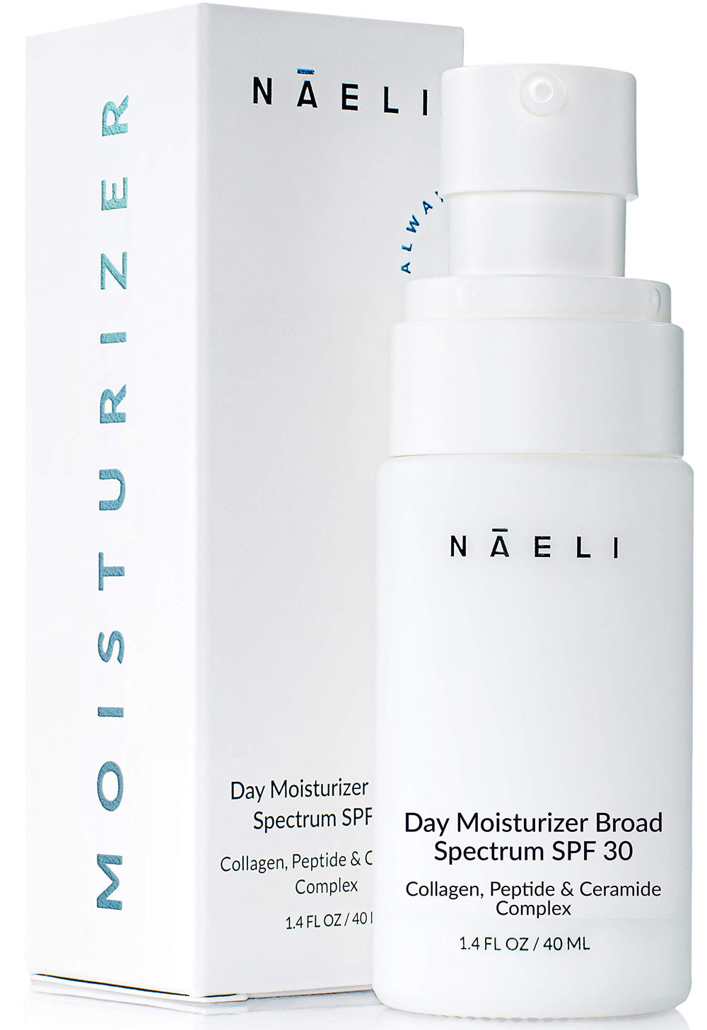 NAELI Face Moisturizer SPF30 bottle closeup highlighting lightweight hydration for daily protection.