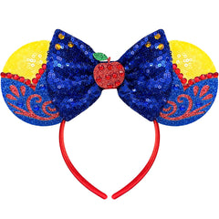 Nahalesy red apple mouse ears headband with sequin ears and blue bows for costumes and parties