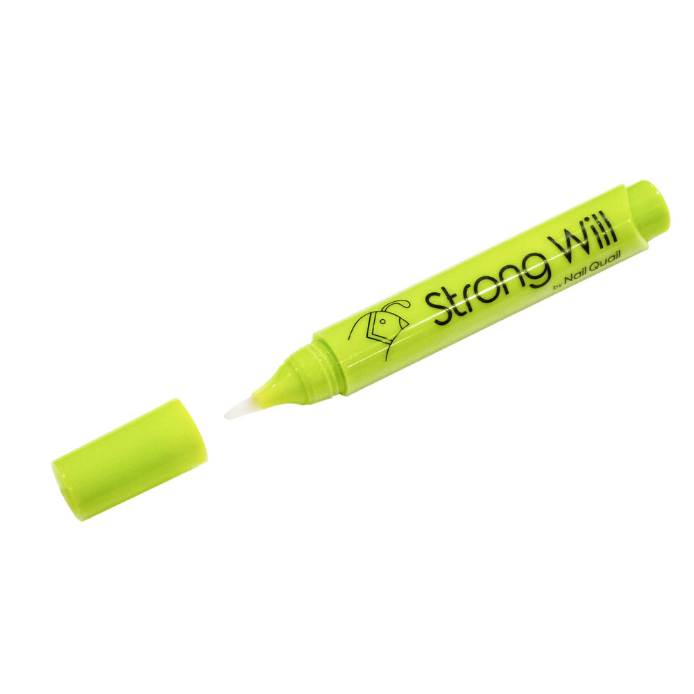 Nail Quail Strong Will pen cap close-up demonstrating invisible bitter formula for nail-biting deterrence.