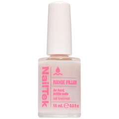 Nail Tek Ridge Filler bottle close-up shows a clear base coat for smooth nails.
