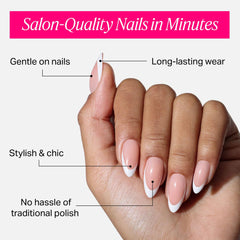 Nailboo Frenchie press-on nails closeup shows pre-shaped tips for comfortable wear.