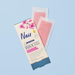 Nair hair remover wax ready-strips packaging top view highlights two-pack value.