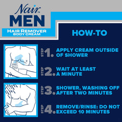 Nair Men Hair Removal Body Cream in shower demonstrates staying on during wet use.