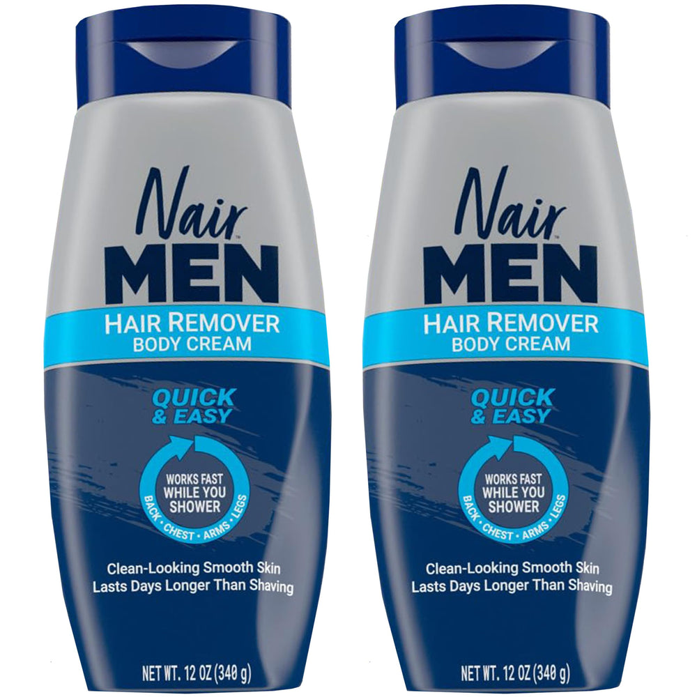 Nair Men Hair Removal Body Cream packaging shows dual-pack value for home use.