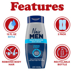 Nair Men Hair Removal Body Cream tub closeup highlights creamy texture for easy application.
