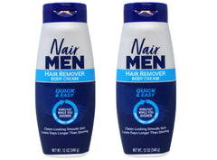 Nair men hair remover 2-pack packaging, showcasing quick, shower-ready hair removal.