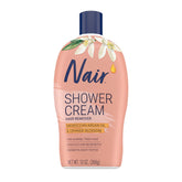 Nair Moroccan Argan Oil Shower Cream bottle in shower demonstrates in-shower hair removal.