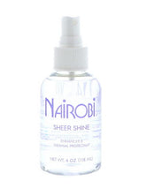 Nairobi Sheer Shine Enhancer bottle highlights a lightweight finish for glossy hair.