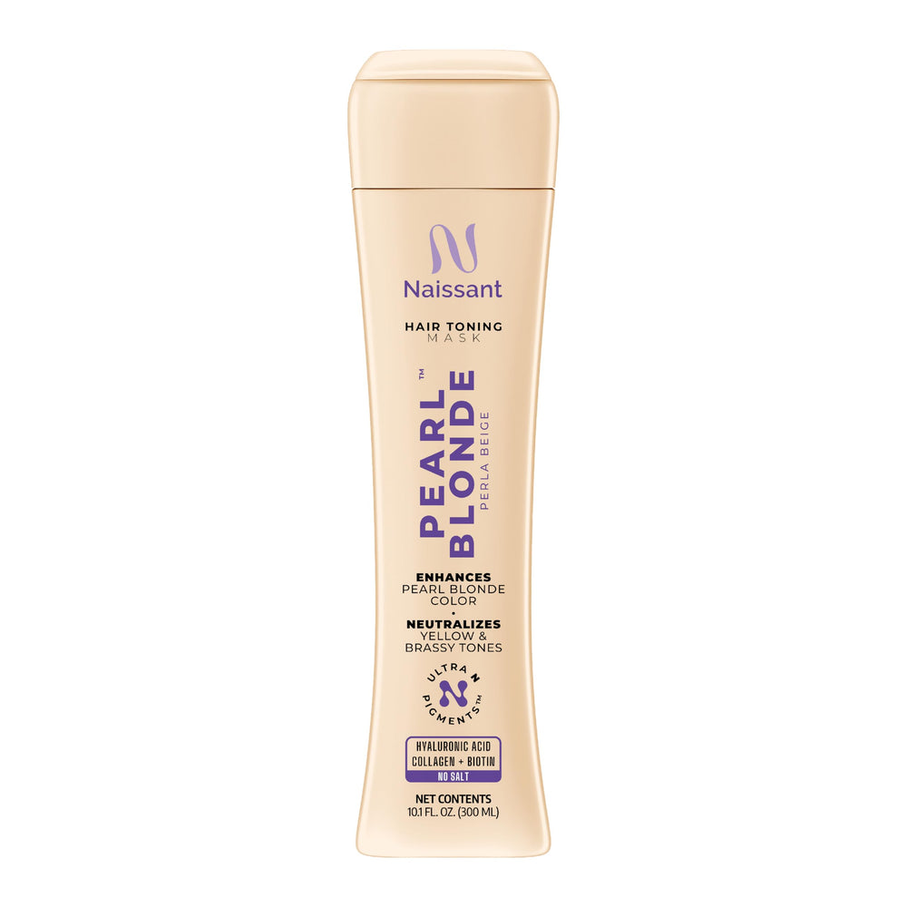 Naissant Pearl Blonde Purple Toning Mask bottle highlights cooler tones for vibrant blonde color.