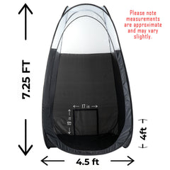 Naked Sun spray tan tent shows 7.25ft x 4ft x 4.5ft for spacious setups.