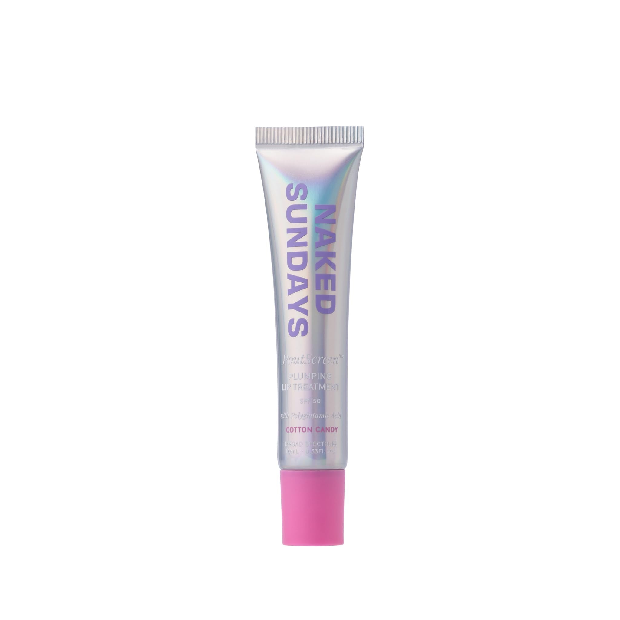 Naked Sundays PoutScreen SPF50 balm bottle showing broad protection on the go.