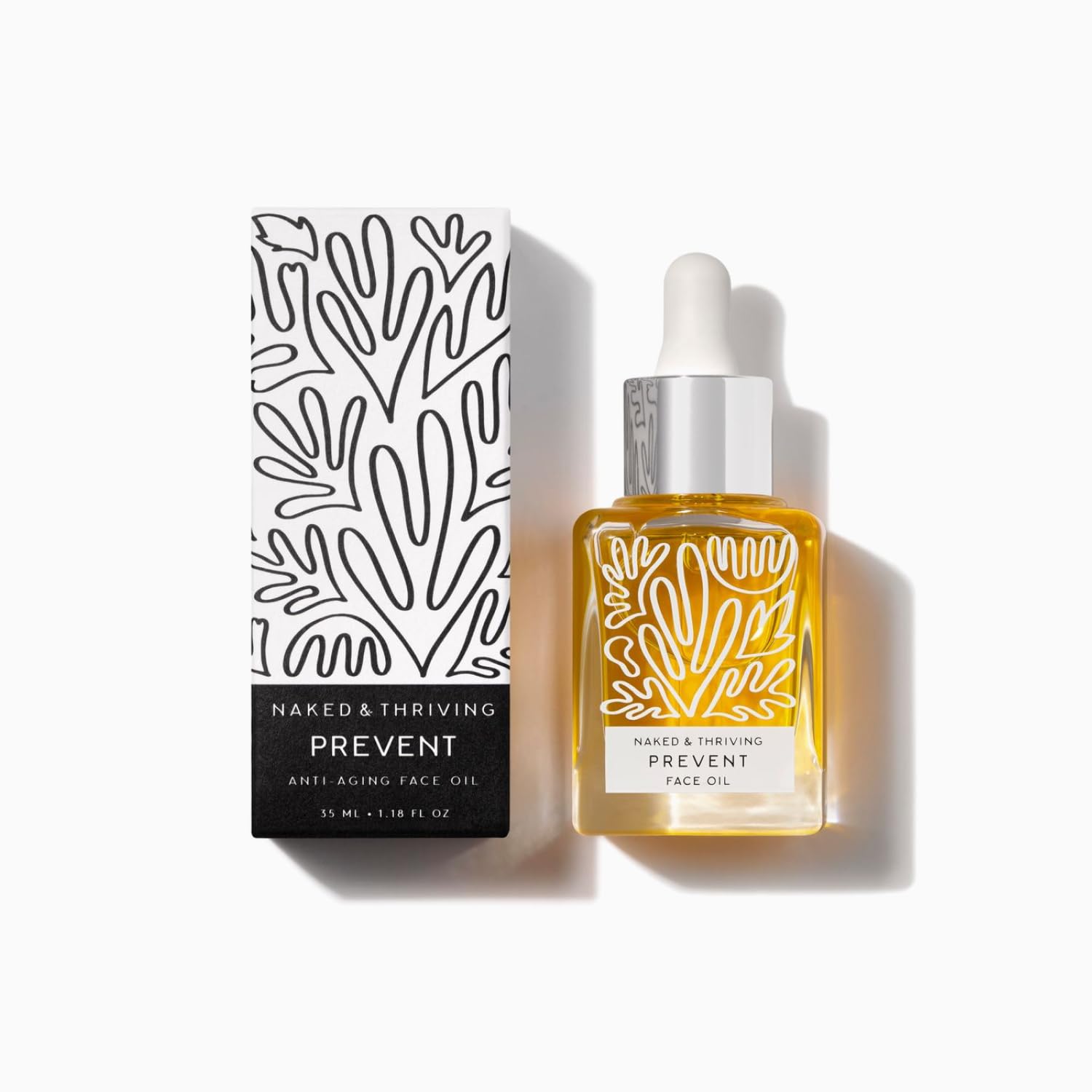 Naked & Thriving Prevent anti-aging oil bottle shows vegan care and daily moisture boost.